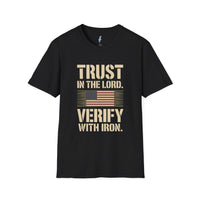 Trust in the Lord, Verify with Iron — USA Flag Tee view 2