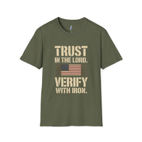 Trust in the Lord, Verify with Iron — USA Flag Tee view 4