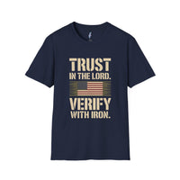 Trust in the Lord, Verify with Iron — USA Flag Tee view 1