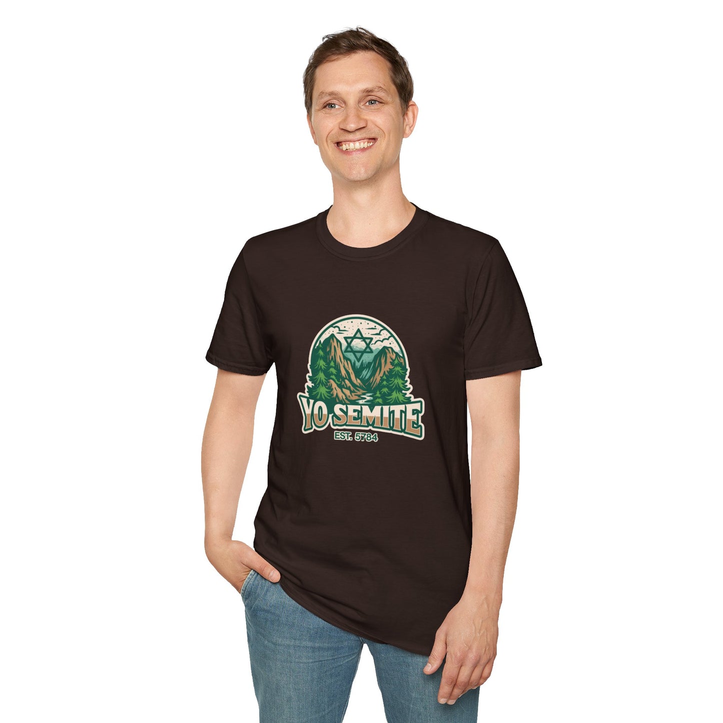 Yosemite Vintage Nature T-Shirt — Scenic Mountain & Forest Graphic ("YO SEMITE" Est. 5784)