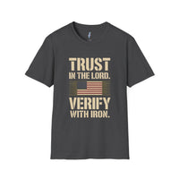 Trust in the Lord, Verify with Iron — USA Flag Tee view 5