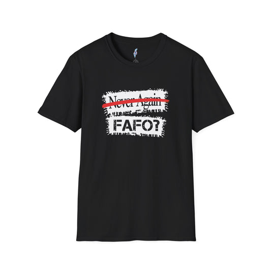 Black t-shirt with graphic design and text on a white background