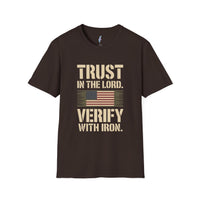 Trust in the Lord, Verify with Iron — USA Flag Tee view 3